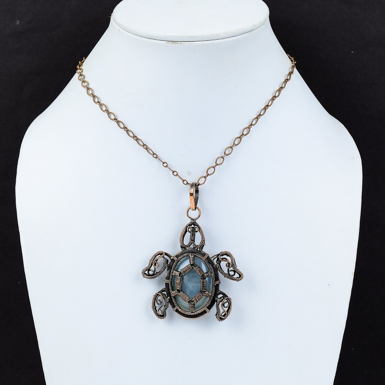 Aquamarine Wire Wrapped Tortoise Pendant Handcrafted Copper Gift Jewelry 2.95″