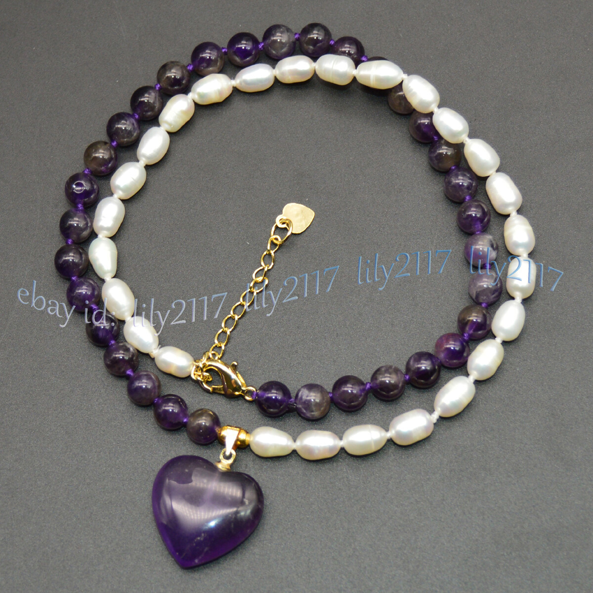 6-7mm White Rice Pearl Natural Purple Amethyst Heart Pendant Necklaces 14-32inch