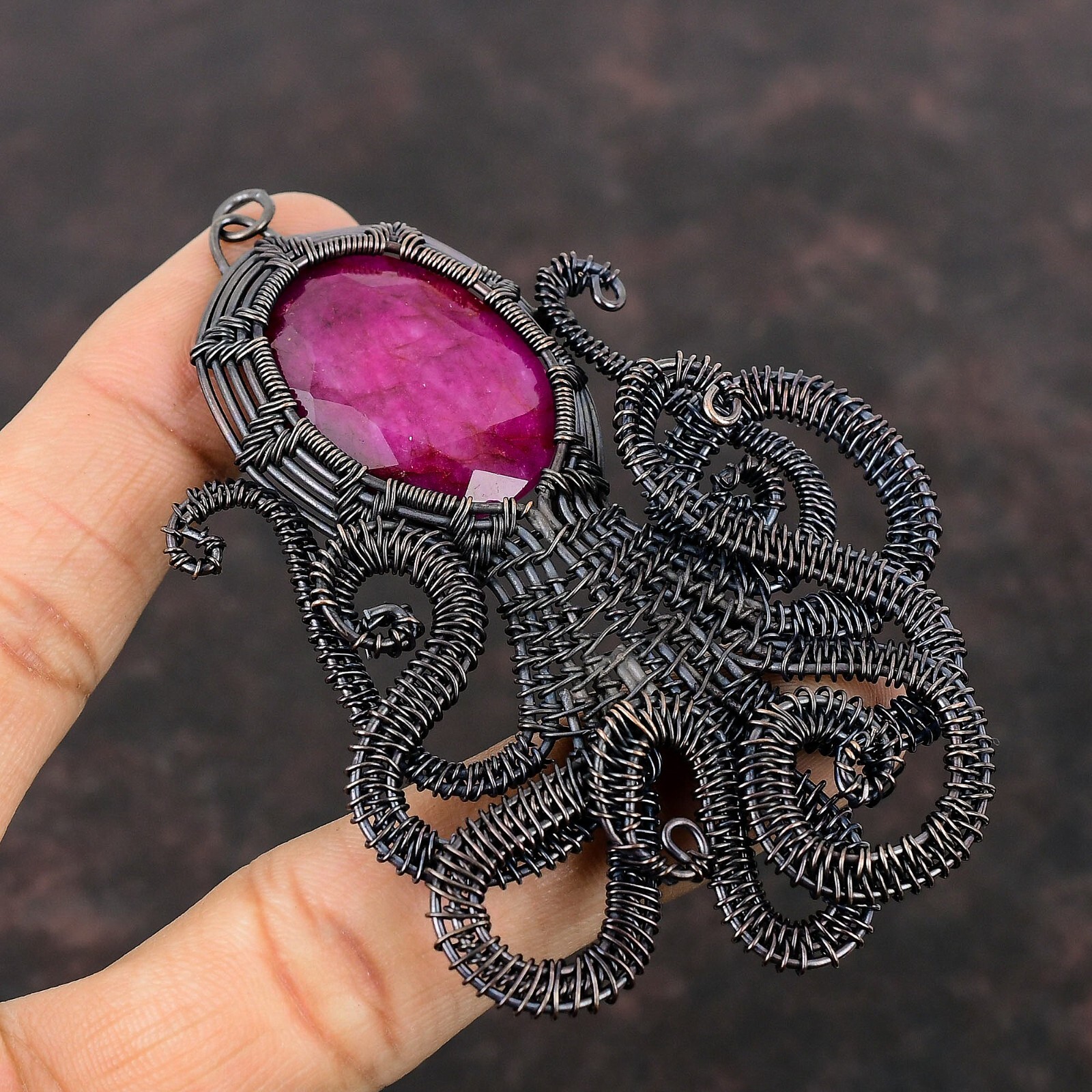 Kashmir Ruby Copper Gift For Bridesmaid Wire Wrapped Octopus Pendant 3.66″