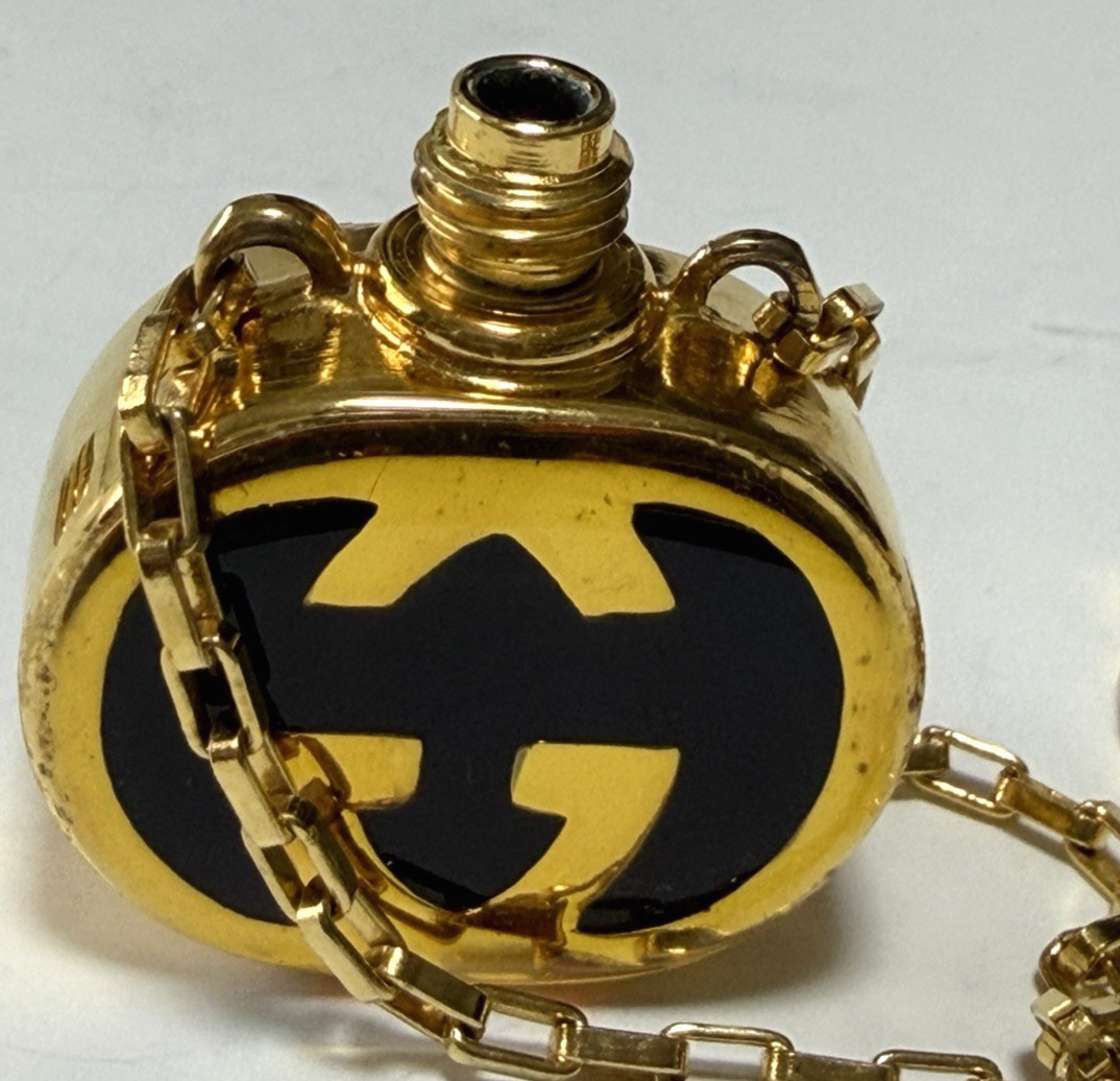 Vintage Gucci Navy Enamel GG Perfume Bottle Motif Necklace Pendant Gold-tone