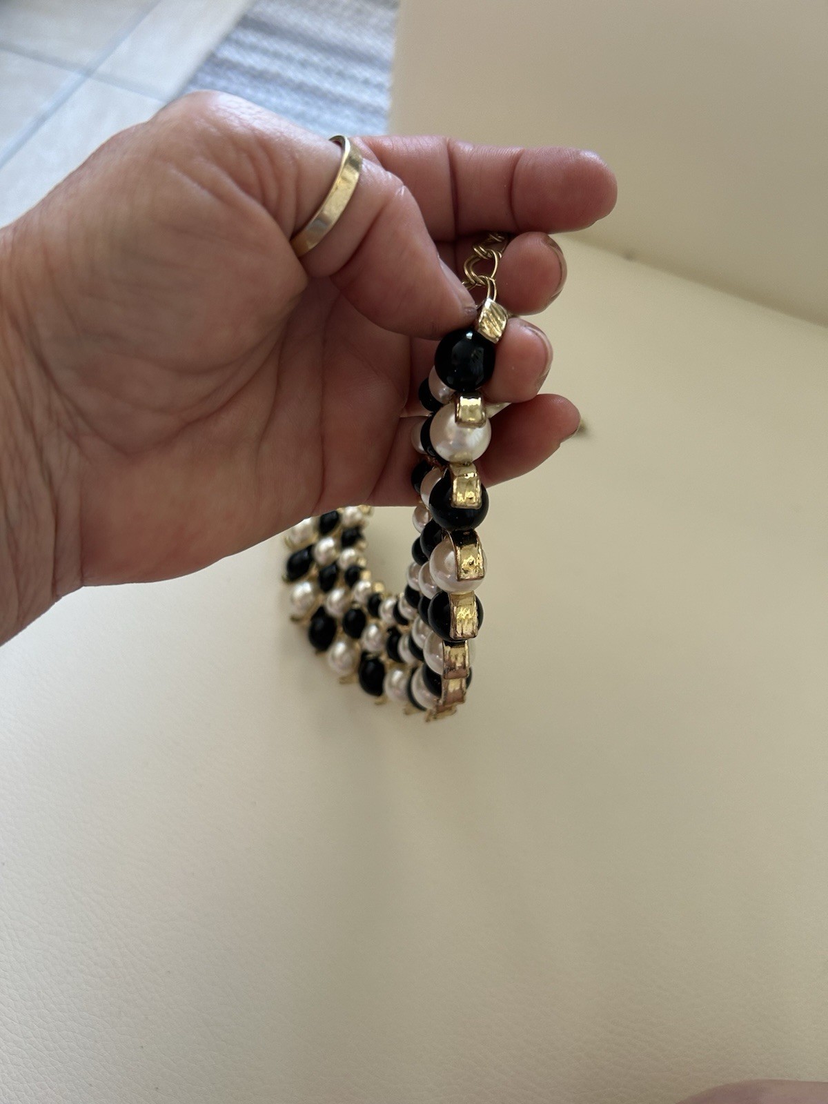 Statement Bib Necklace Gold Tone Cable Chain Black White Faux Pearls Cluster