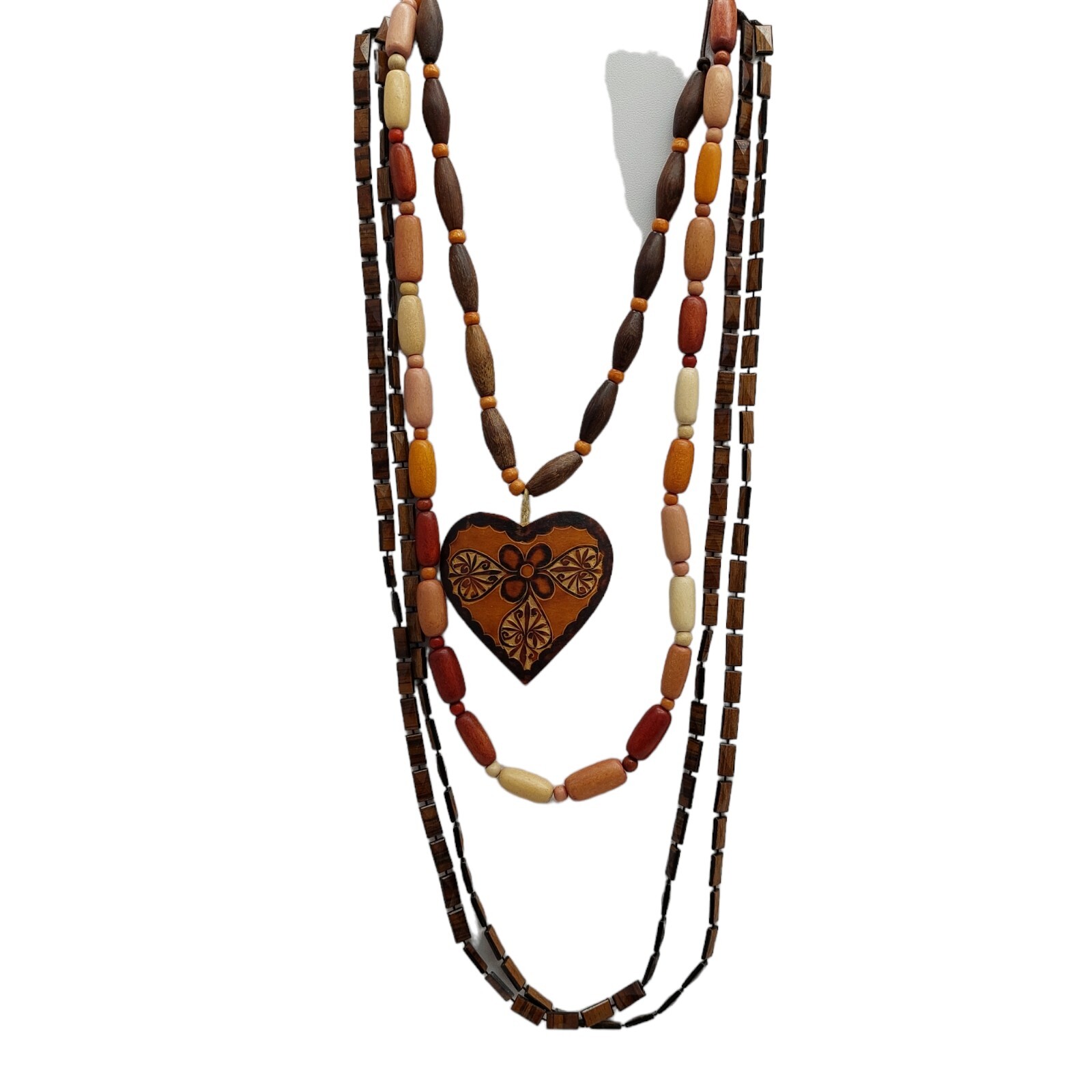 Carved Wooden Heart Necklace Choker set of 3 various sizes and styles