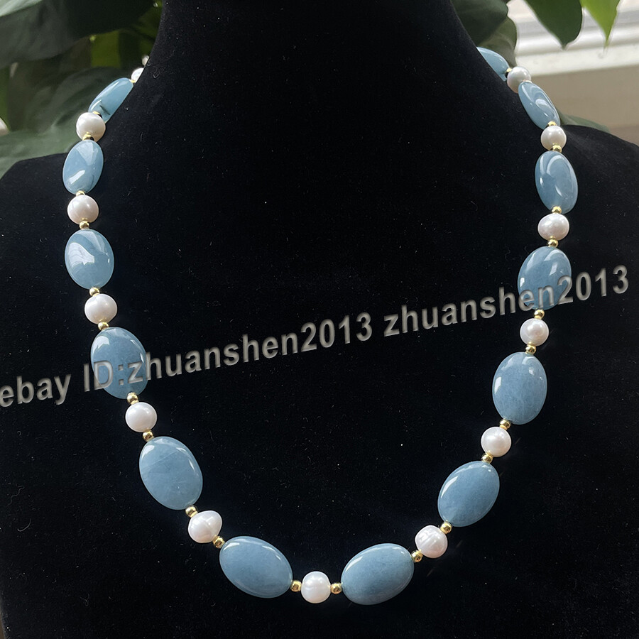 13x18mm Oval Blue Aquamarine Gems White Pearl Hook Earrings+ Necklace Set 14-28″