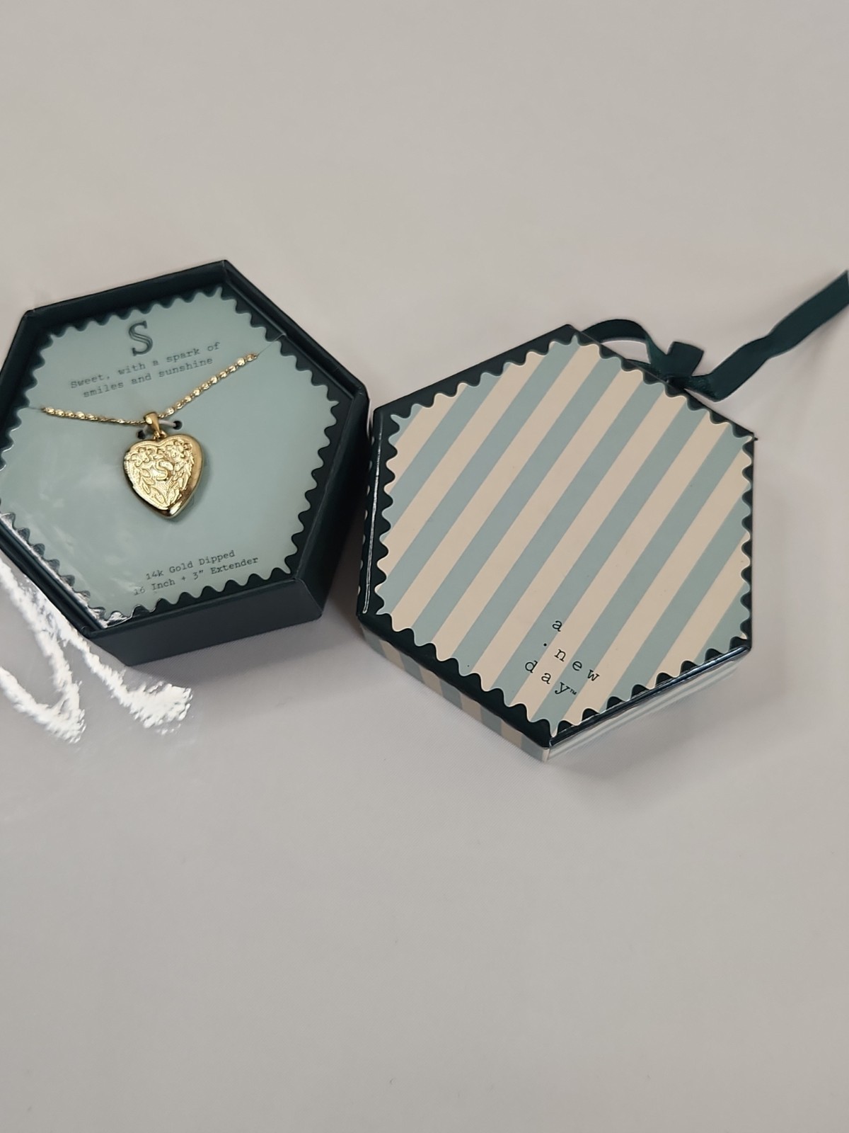 A New Day 14k Gold Dipped Initial S Heart Locket Necklace Floral Engraved Boxed