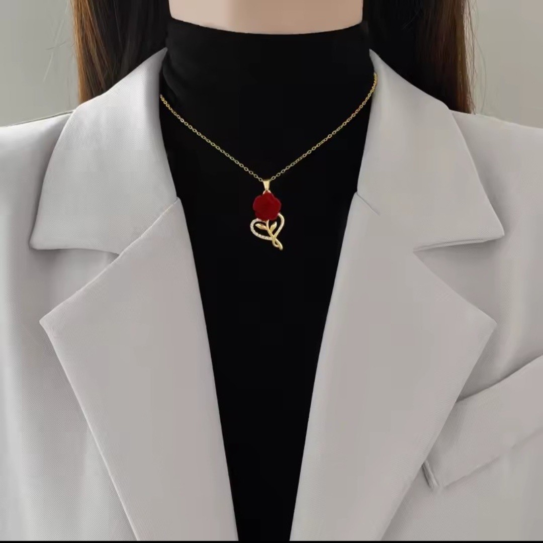 2 Yellow Gold Plated Heart Red Rose Pendant CZ Necklace 40+5cm Adjustable