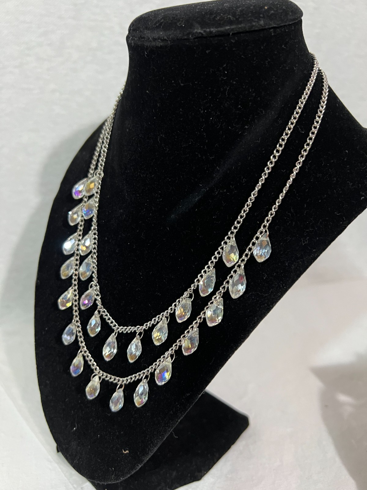 Swarovski Neckless Two Tier Colorless Crystal Beads Tear Drop Silver Chain 9″