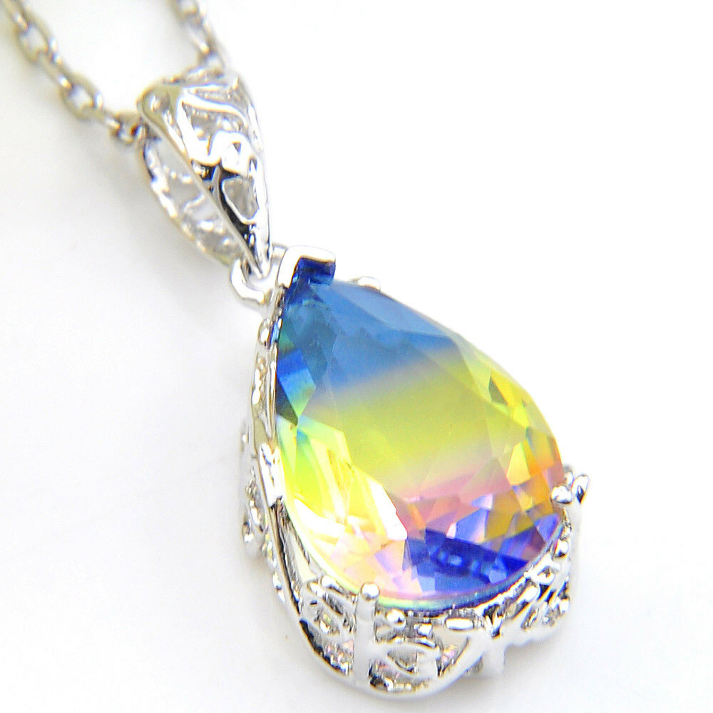 European Teardrop Rainbow Bi Color Tourmaline Gems Silver Necklace Pendants