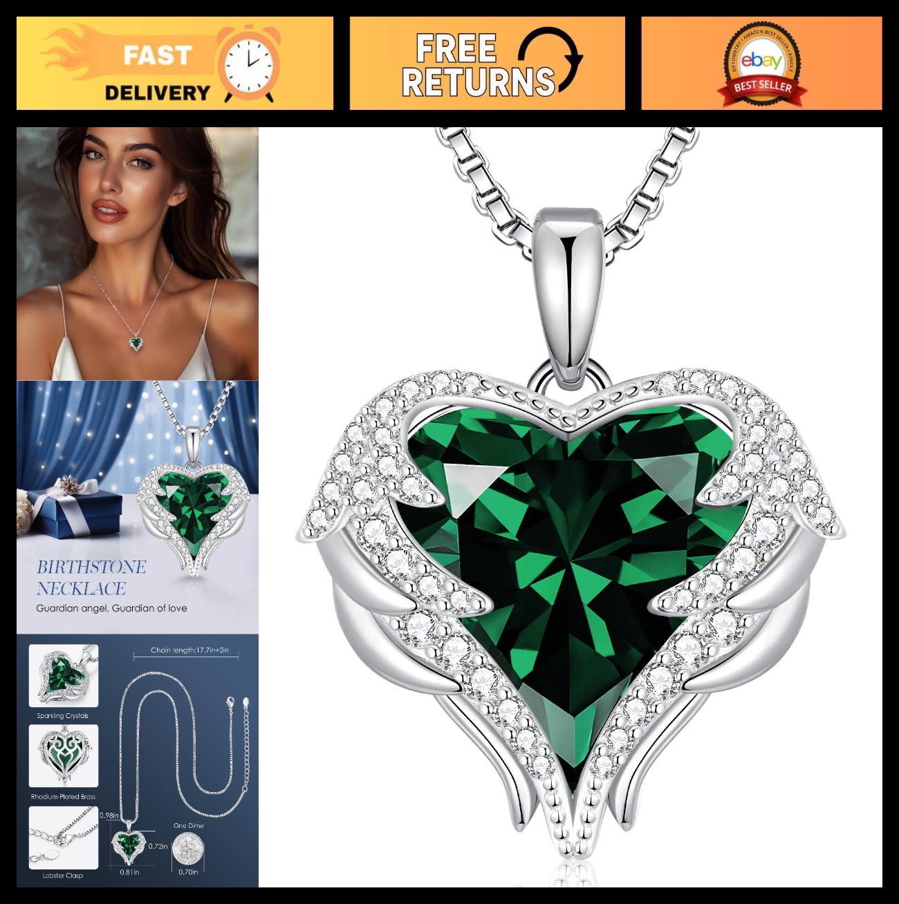 Angel Wings Heart Birthstone Pendant Necklace for Women – Meaningful Gift Idea