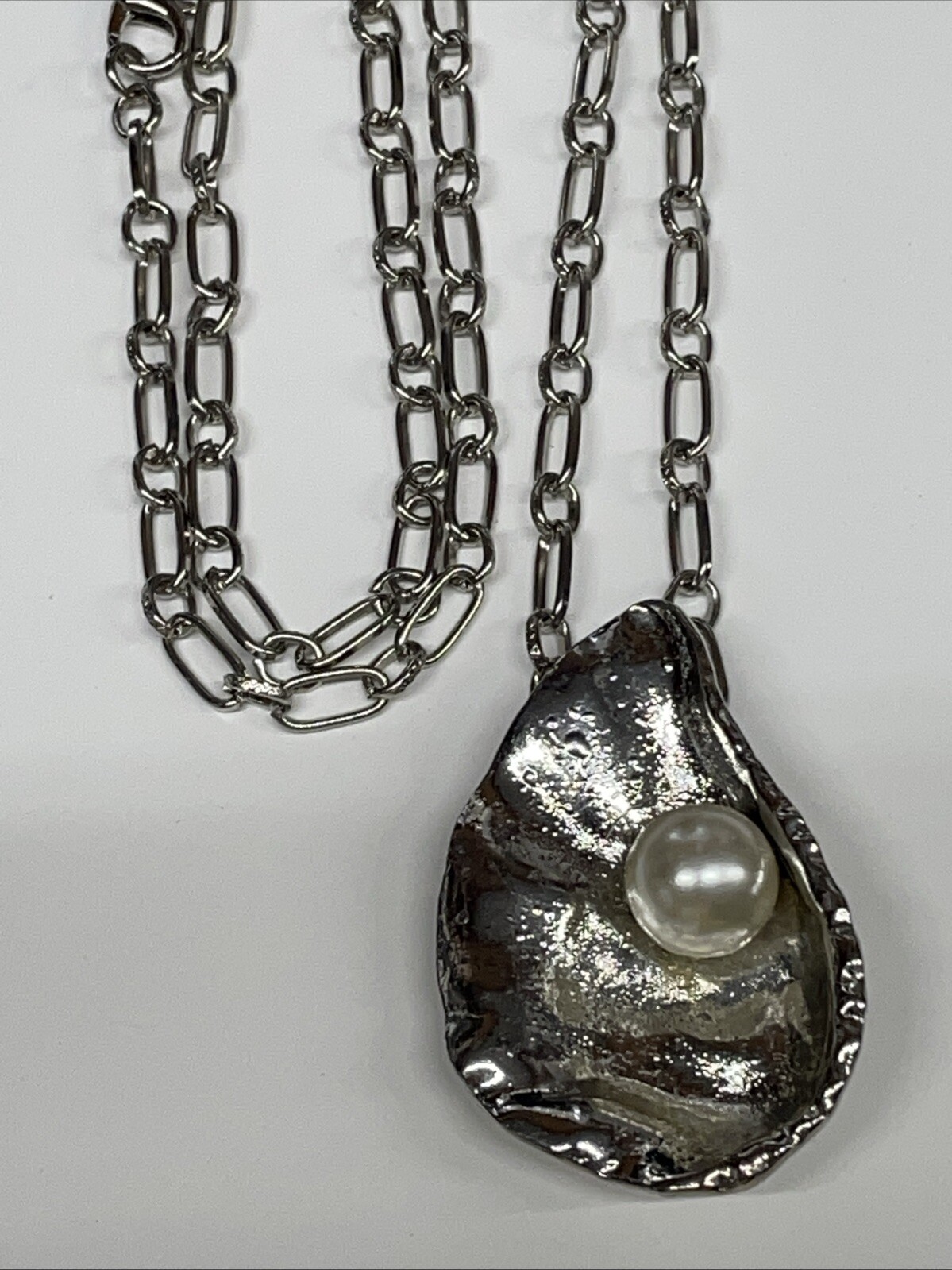 Oyster Shell Silver Necklace 30″ Link Chain Sea Life Coastal Fashion Jewelry NEW
