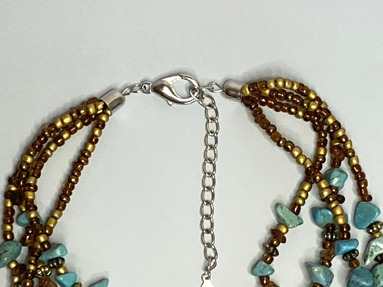 CYNTHIA GALE Turquoise Chip Multi-Strand Choker w/ Tortoise-Look Pendant 16–20in