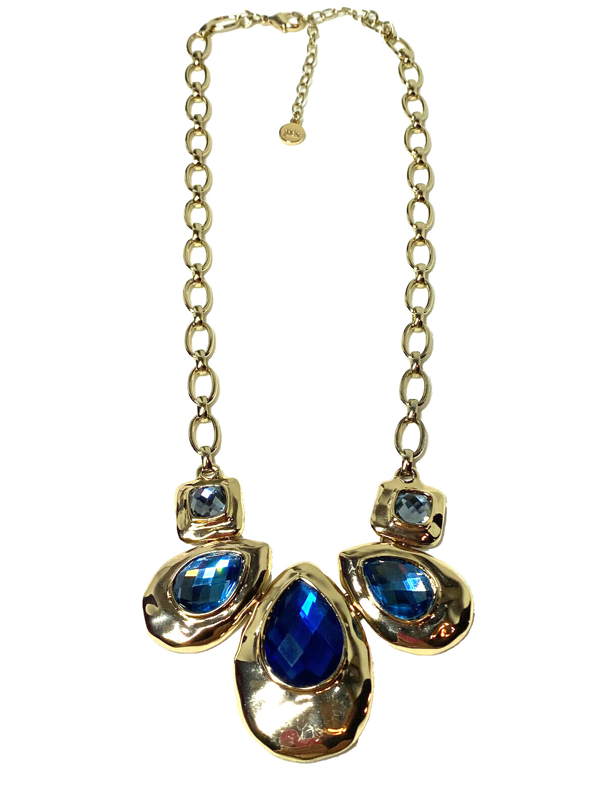 Bella Jack Gold Tone Necklace With Blue Teardrop and Square Gray Stones 21″