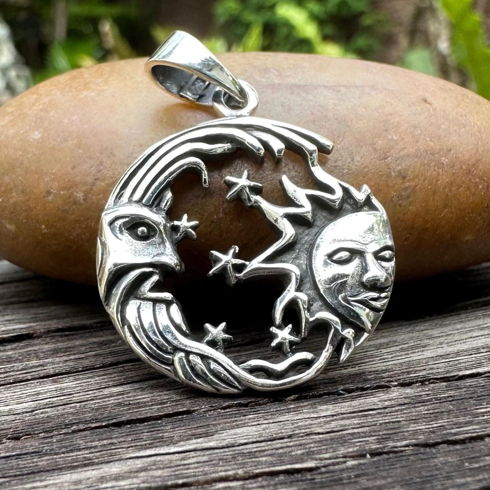 Handcrafted 925 Sterling Silver Sun & Moon Pendant Celtic Crescent Moon Pendant