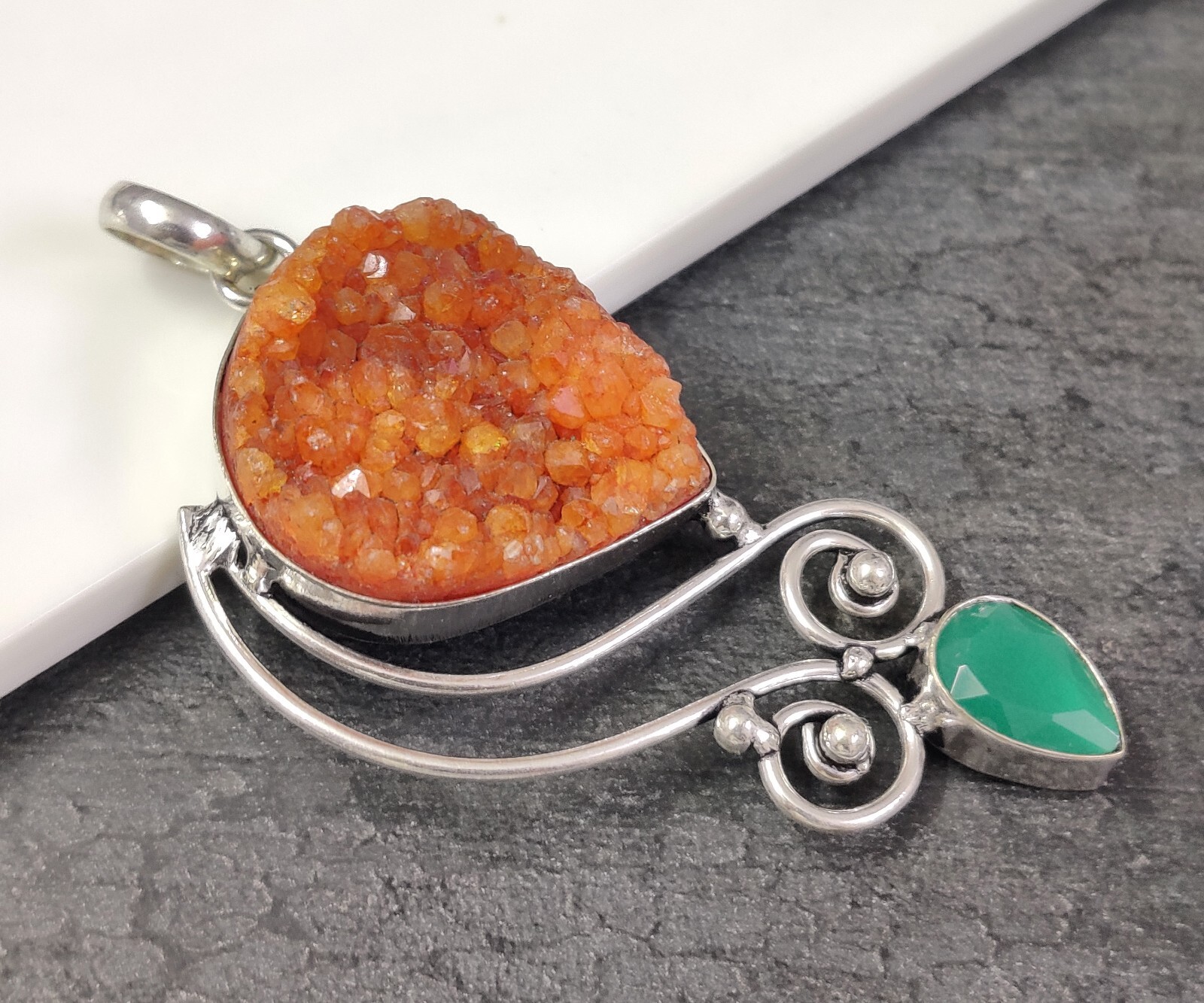 Natural Pear Orange Druzy Gemstone Pendant Jewelry Gift for Her