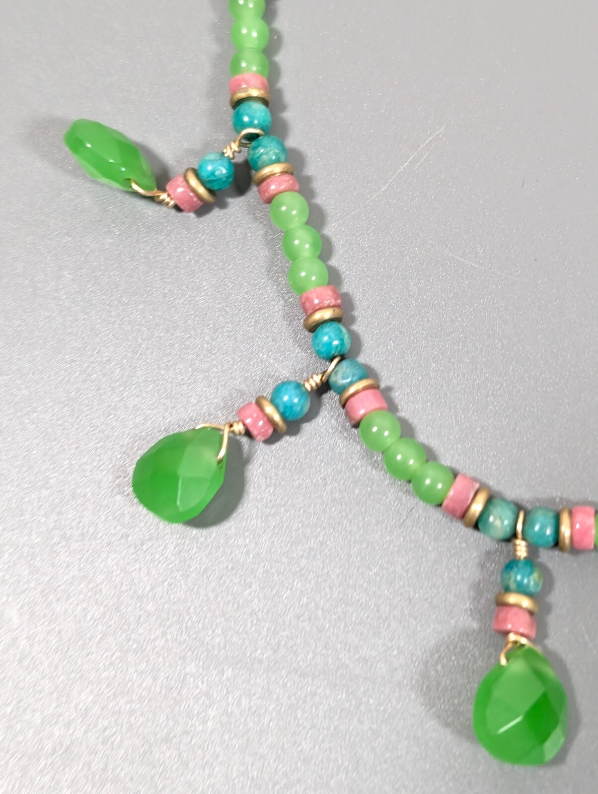 Tribal Western Boho Green Stone Teardrop Charm Pink Stacked Bead Necklace 15 in