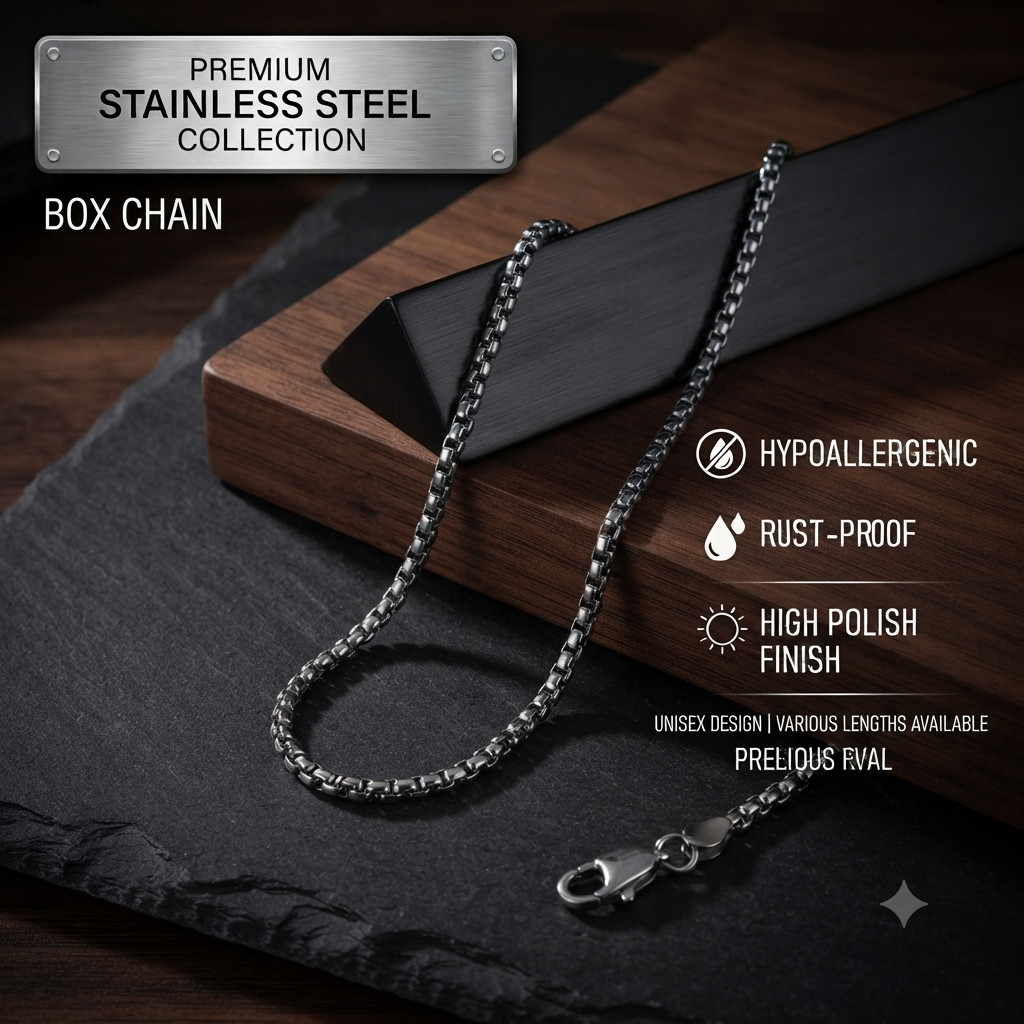 Stainless Steel with Square Rolo Link Chain box, Necklace for Women