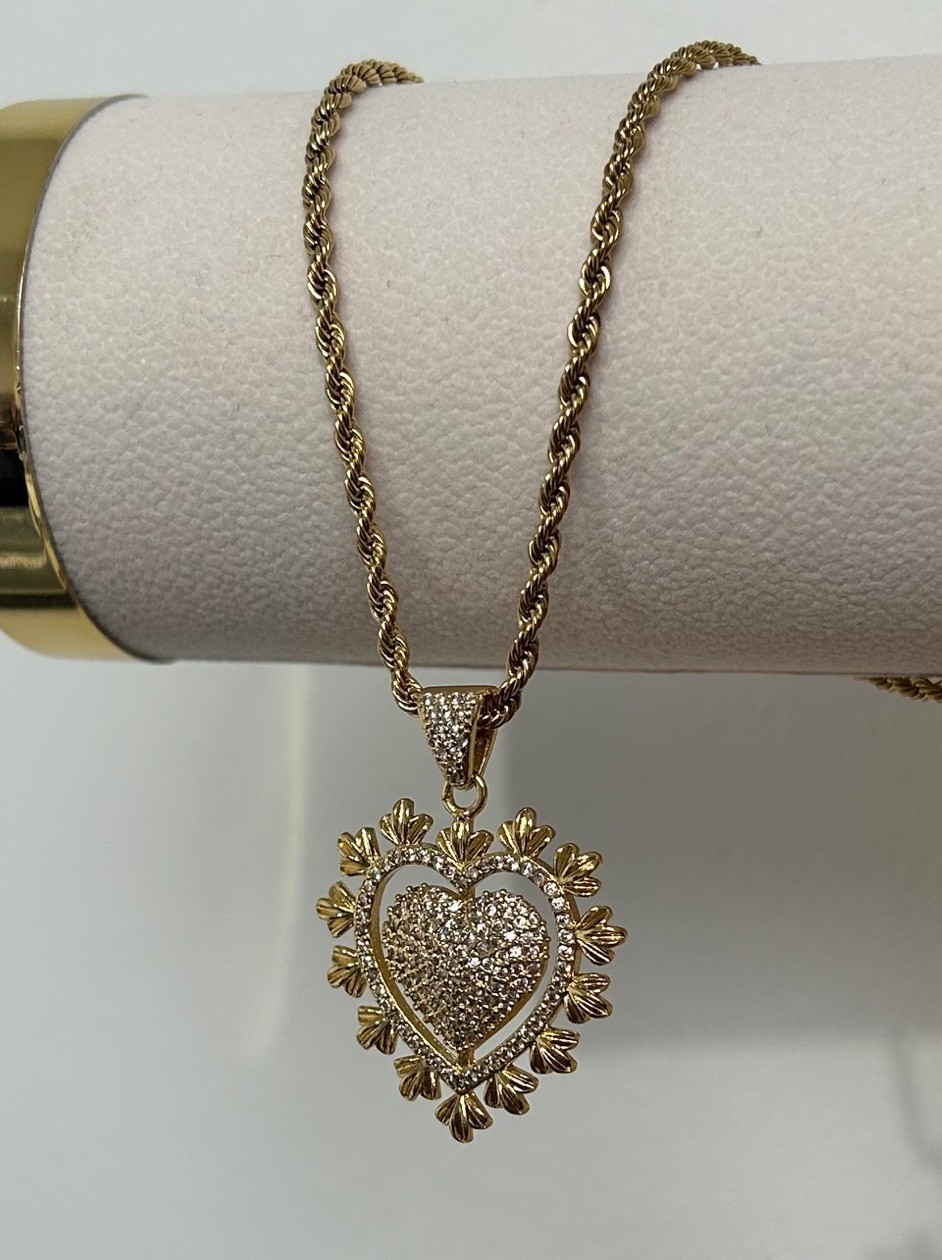 Large 9K Vintage CZ Heart Pendant Necklace 50cm Rope Chain 9ct Gold Filled