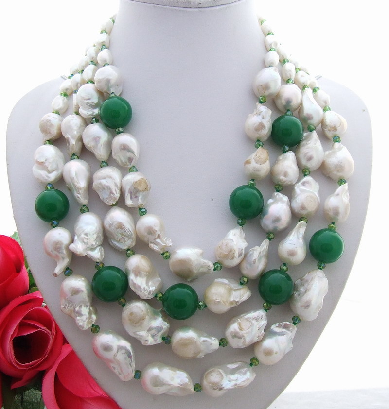 25mm Freshwater White Keshi Pearl Green Jade Crystal Multi Strands Necklace 19″