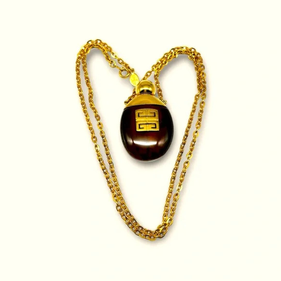 Vintage Givenchy 1977 Perfume Pendant Monogram Logo Tortoise Shell Stone 28″