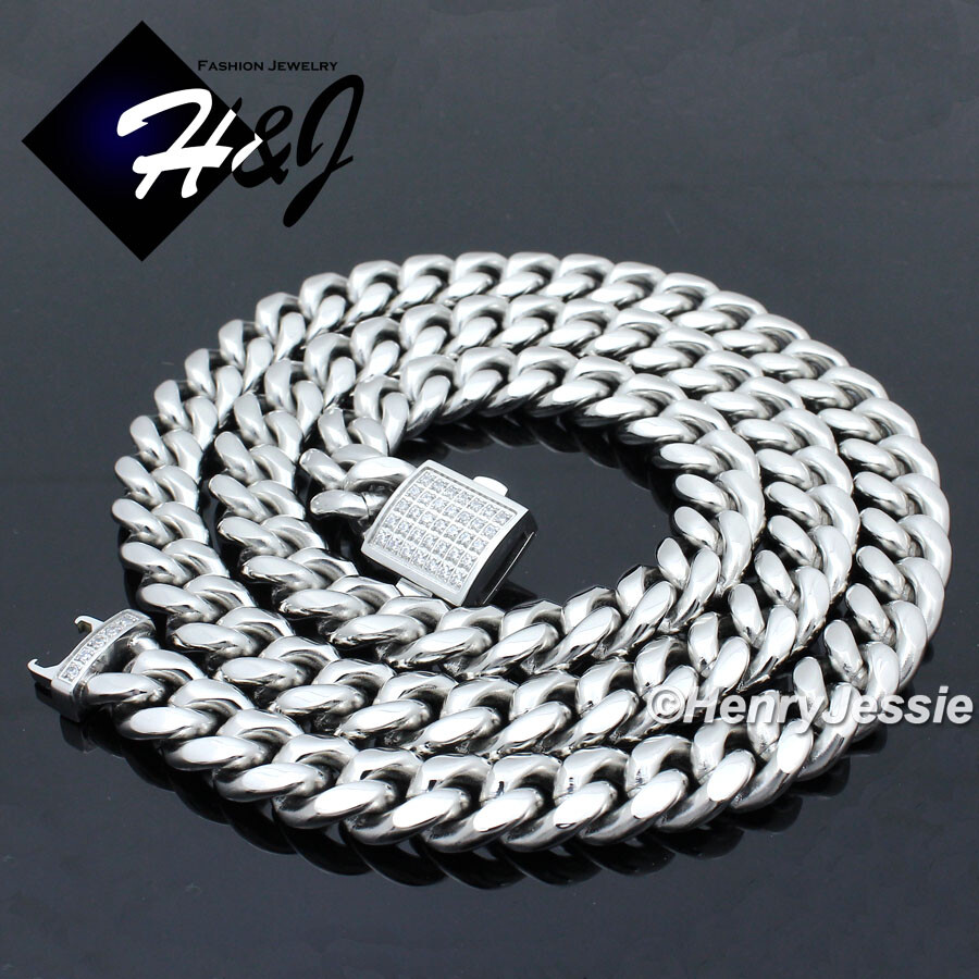 18″-40″Stainless Steel 7/10/12mm Silver BLING CZ Miami Cuban Curb Necklace*N165