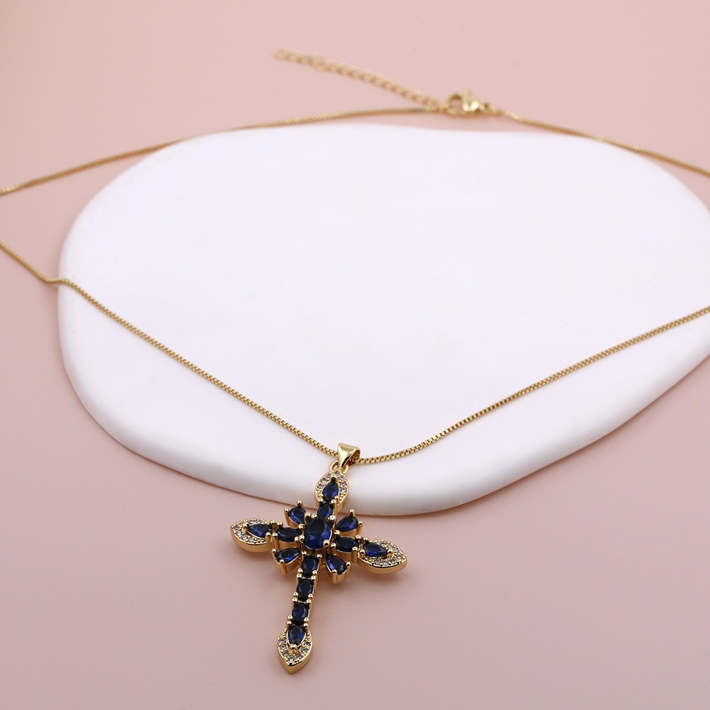 Blue & Gold Crystal Cross Pendant Necklace Christian Faith Jewelry Women Gift