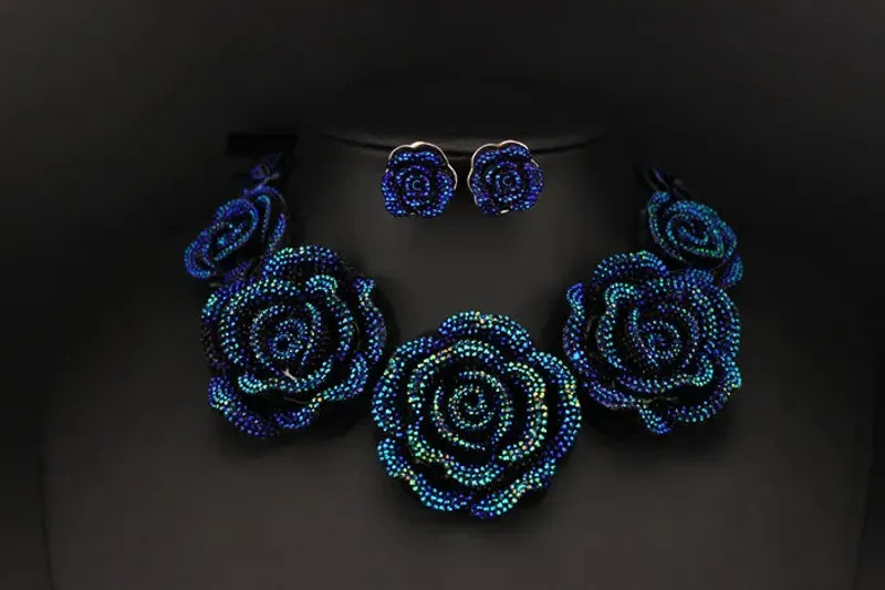 Blue Resin Flower Necklace Earrings Set Women Chunky Statement Jewelry New Gift