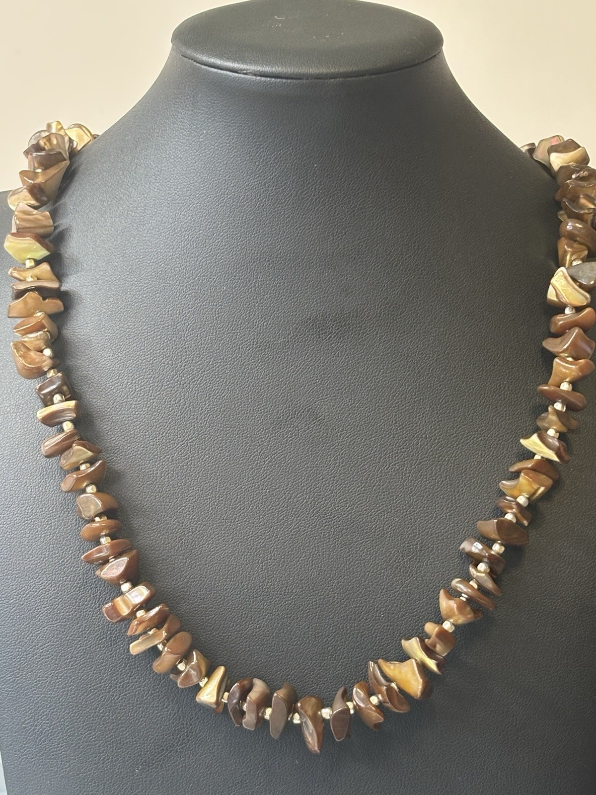 Vintage 30” Mother Of Pearl Bronze Necklace