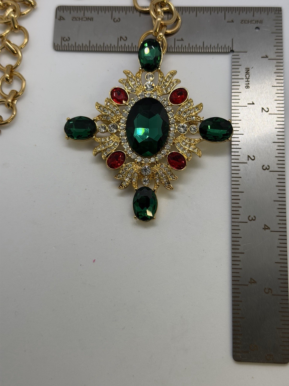 Journie Gold Tone Link Chain Cross Pendant Necklace Green Red Crystal Signed
