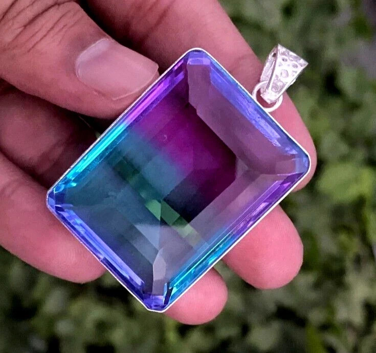 58 CT+ Flawless Bi-Color Tourmaline Pendant 925 Sterling Silver Plated Jewelry