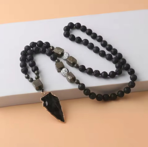 Black Obsidian Arrowhead Pendant lava Rock Pyrite Beads Meditation Necklace