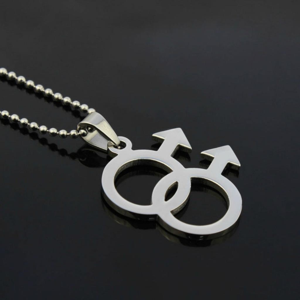 DOUBLE MALE SYMBOL NECKLACE Stainless Steel Chain Pendant LGBTQ Gay Pride Mars