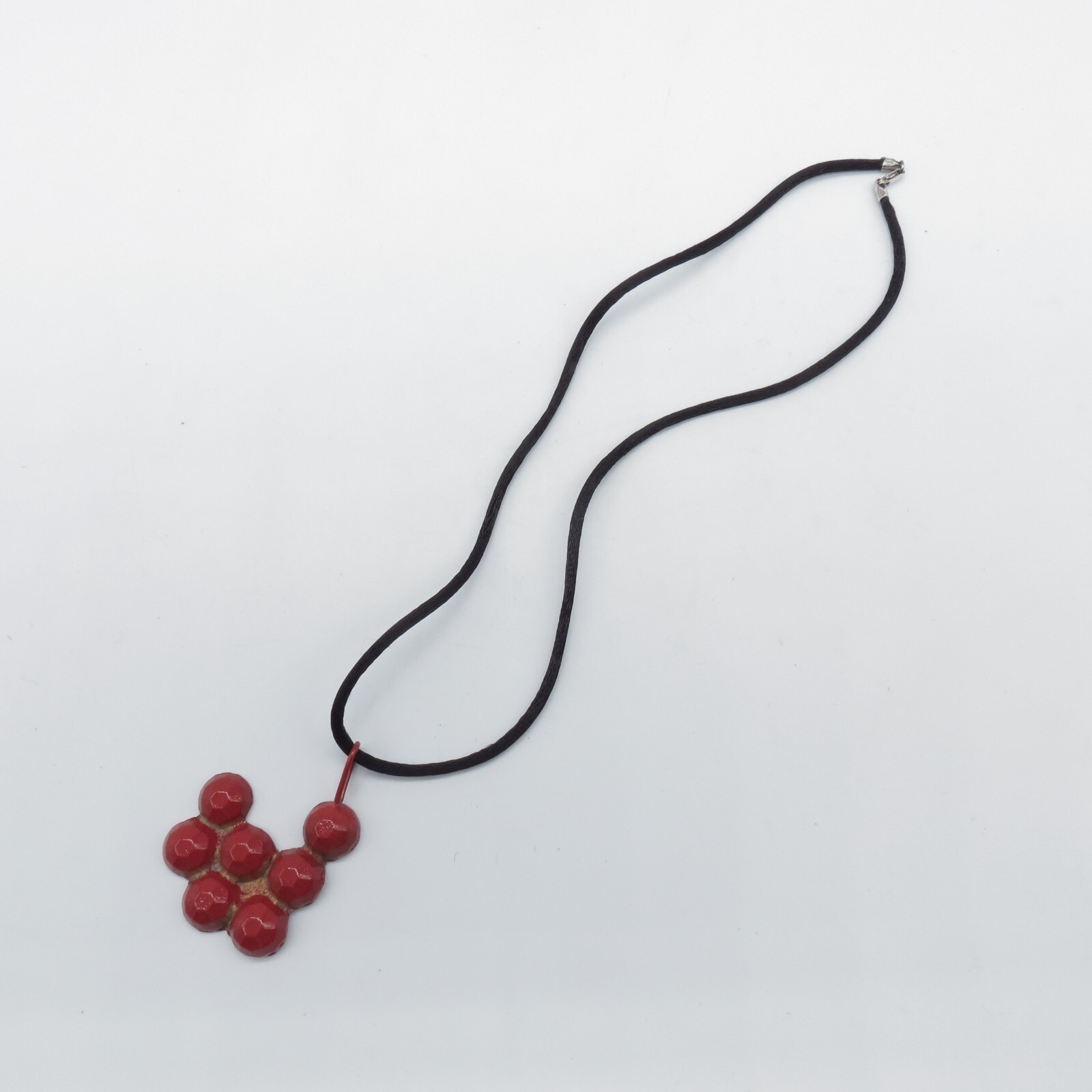 Berry Cluster Metal Pendant Necklace Funky Black Cord Sterling Silver Clasp 18″