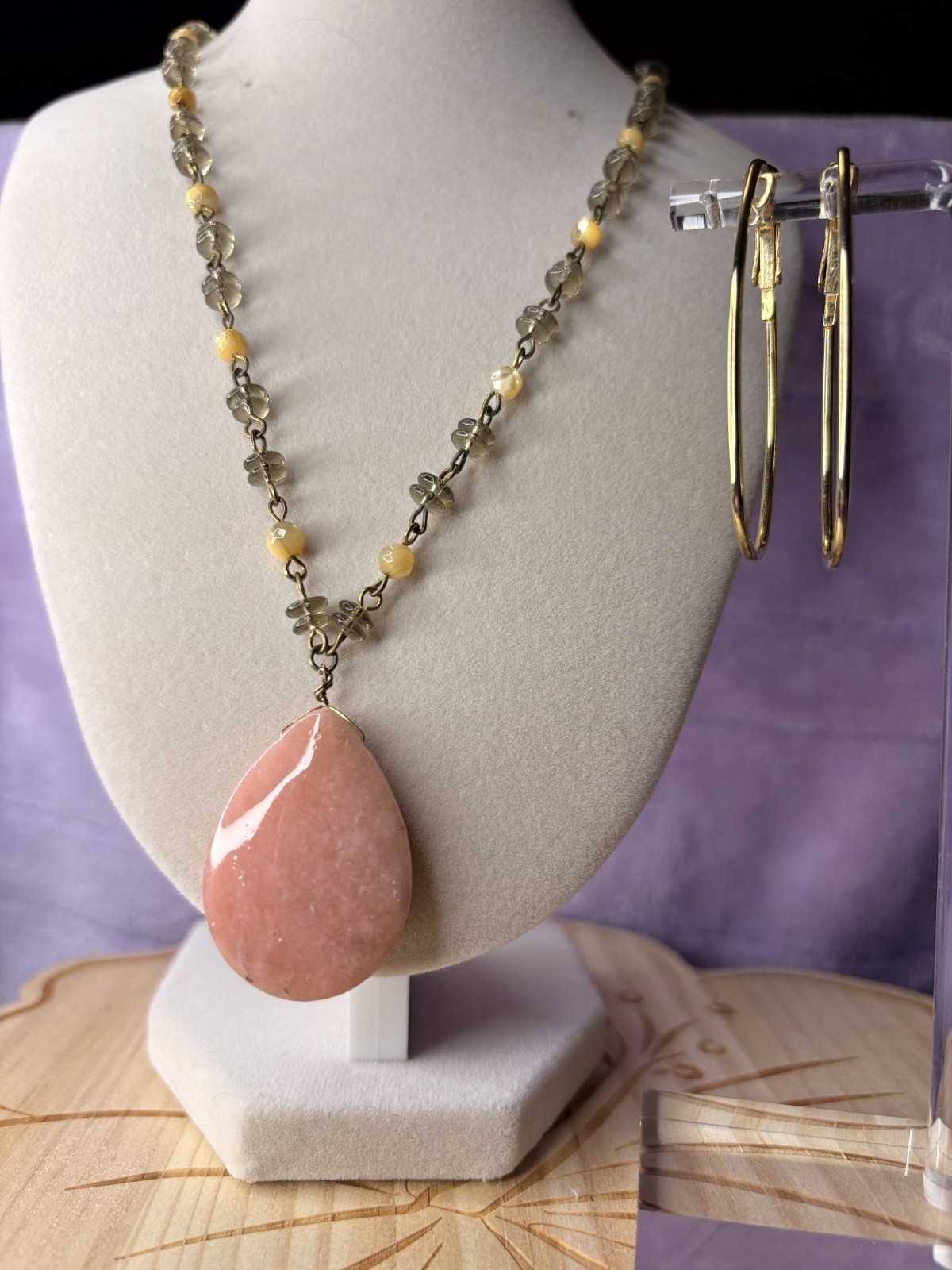 Rose Quartz, Yellow And Clear Beaded Necklace 3″ Extender, Gold Tone Earrings