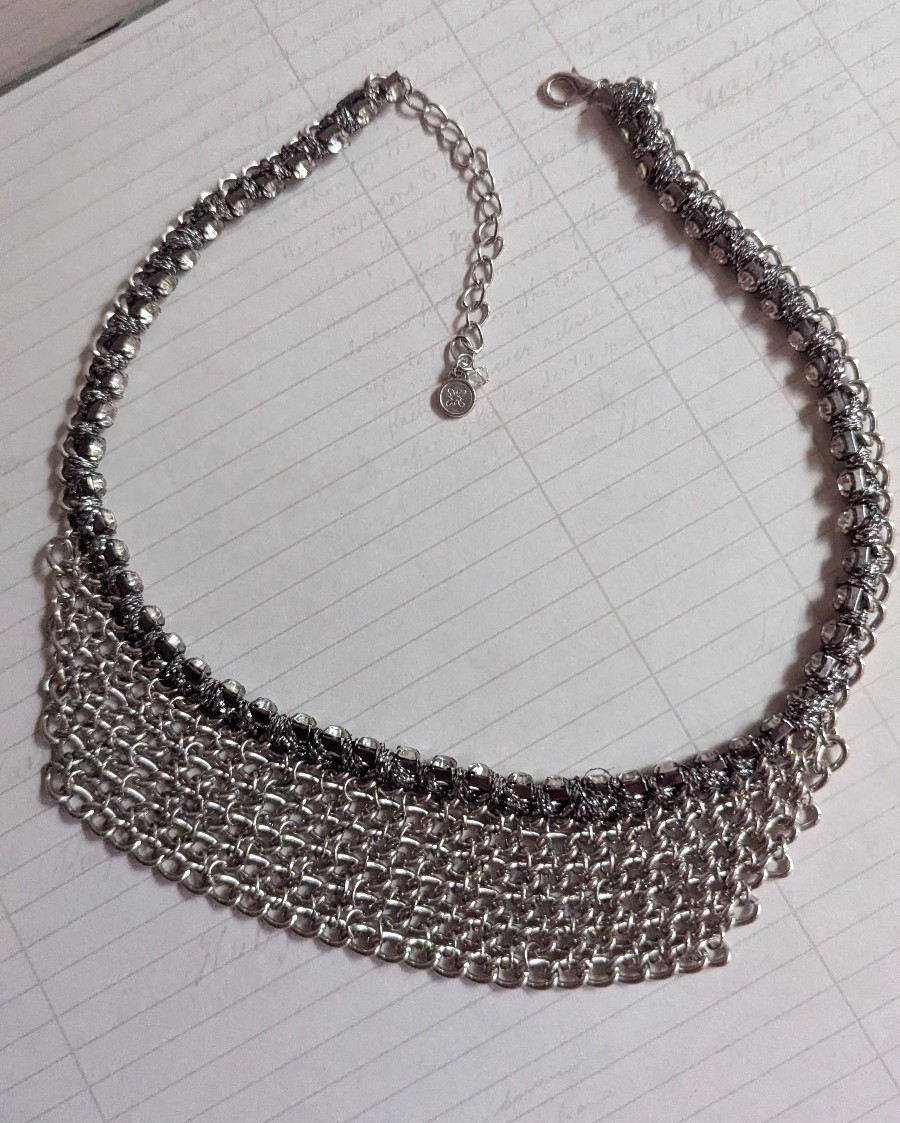Premier Designs Silver Mesh Bib Necklace Statement Chain Fringe Collar 18″