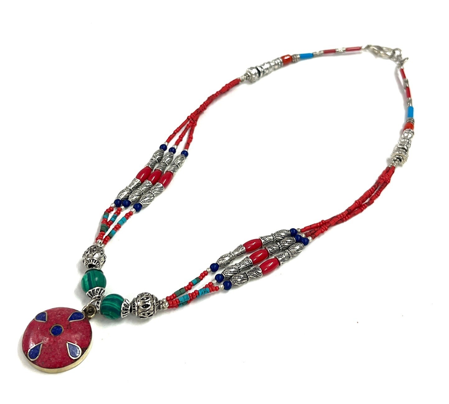 Vintage Red Coral Gemstone Tibetan Statement Necklace Jewelry, 18 inch Adjus