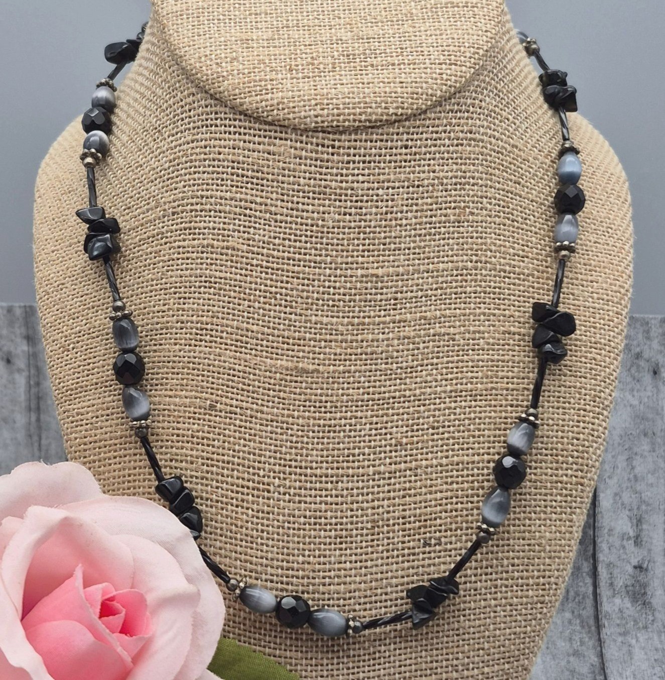 Black & Grey Beaded Collar Necklace Toggle Clasp 20″ Witchy Whimsigoth