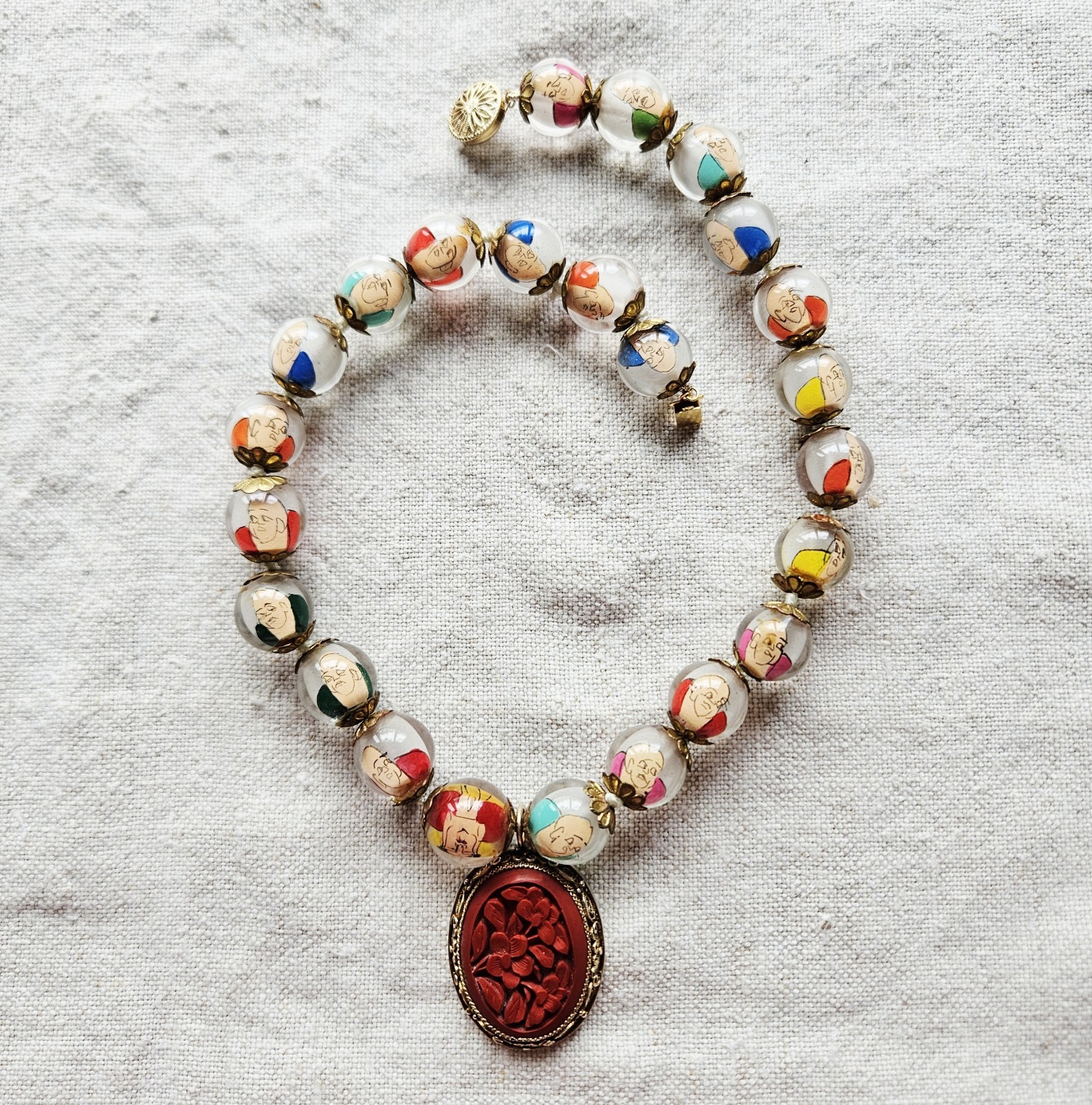 Chinese Prayer Buddha Glass Reverse Painted Beaded Cinnabar Pendant Necklace