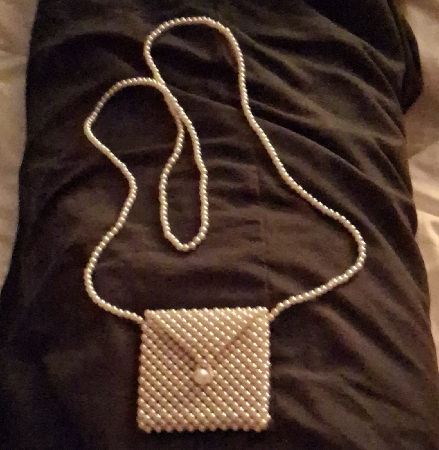 White Faux Pearl Beaded Ball Chain Necklace with Square Charm Pendant