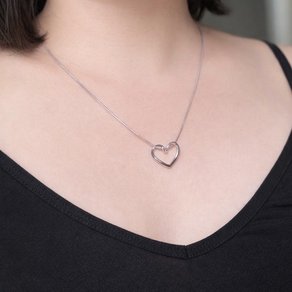 Minimalist Silver Tone Open Heart Pendant Necklace, 18 in, Titanium Steel