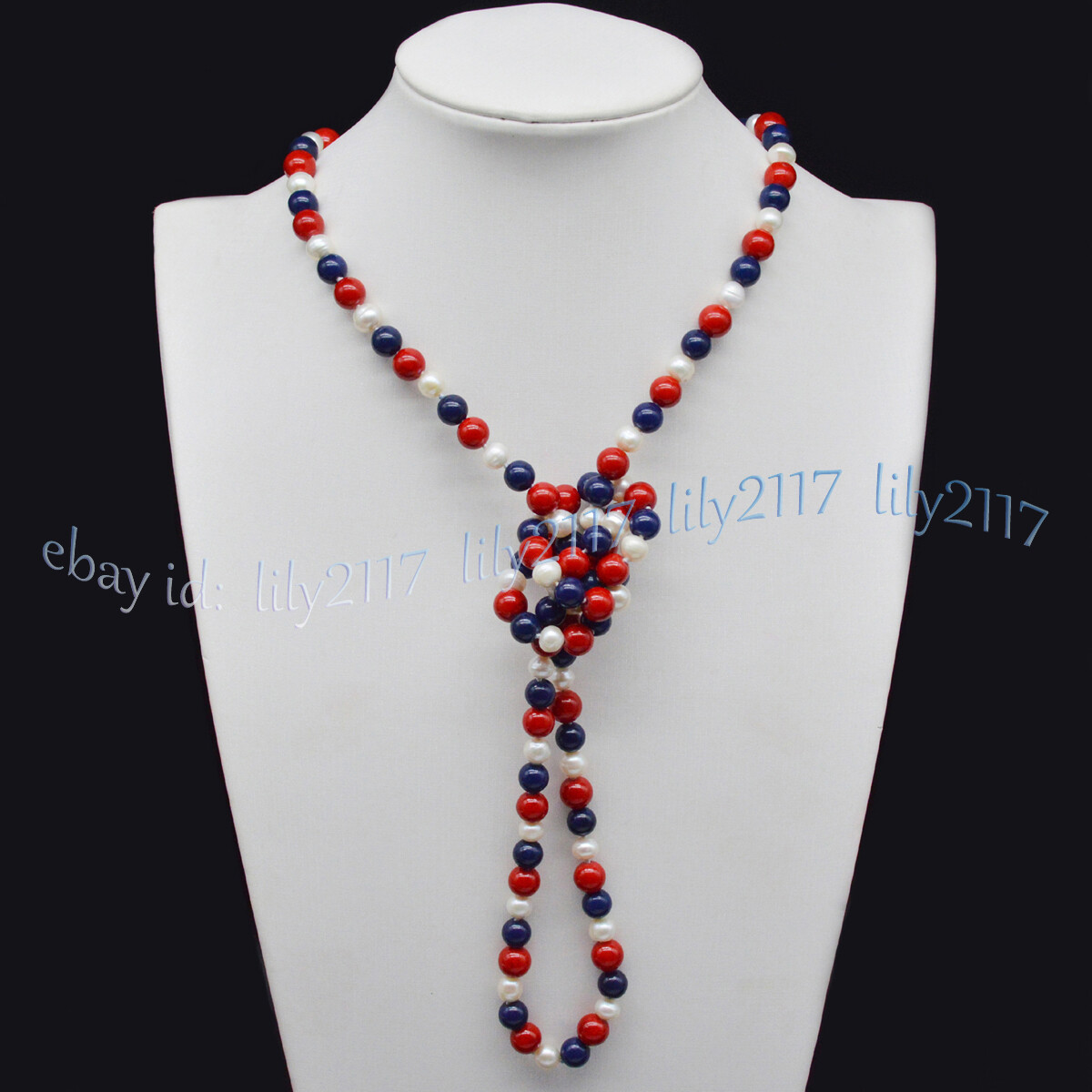 6-7mm White Pearl 8mm Red Coral Blue Lapis Lazuli Round Beads Necklace 22-100”