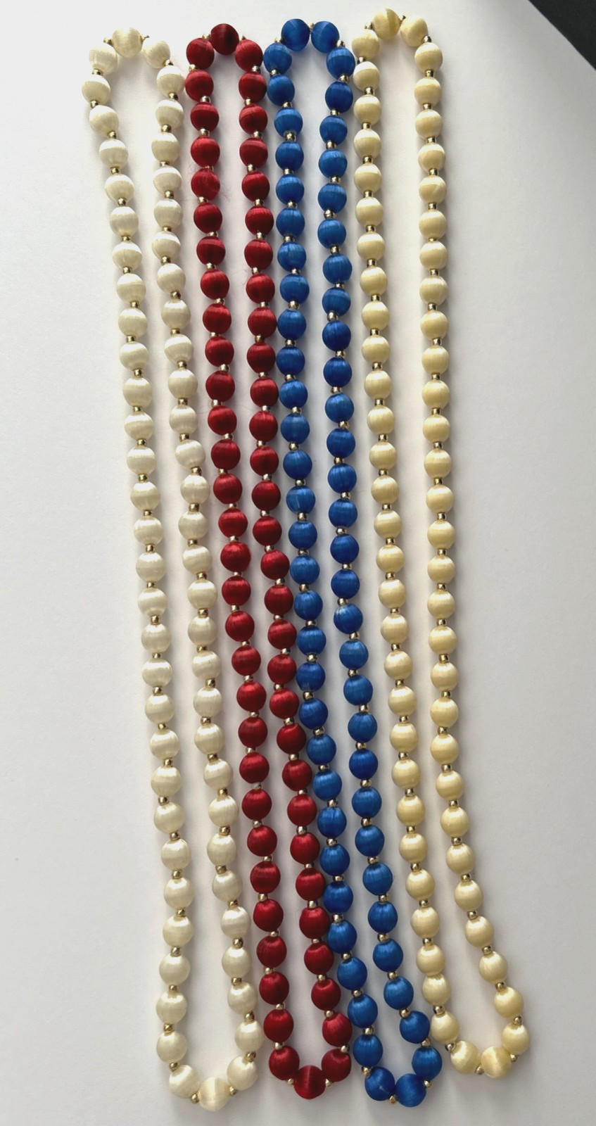 4 Vintage Cream RED WHITE & BLUE Silk Satin Thread Beaded Necklaces 4Th of July