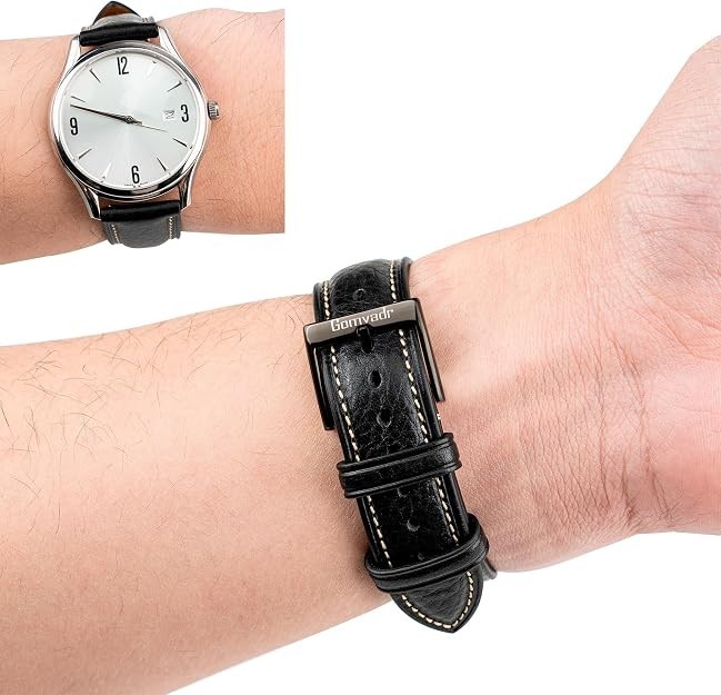 Watch Band Leather 22mm XXL Black Buckle Italian Vegetable Tanned Strap Gomvadr