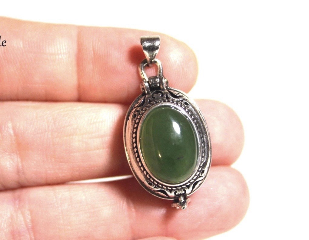 Green Jade Locket Pendant, Sterling Silver Plated Poison Pendant