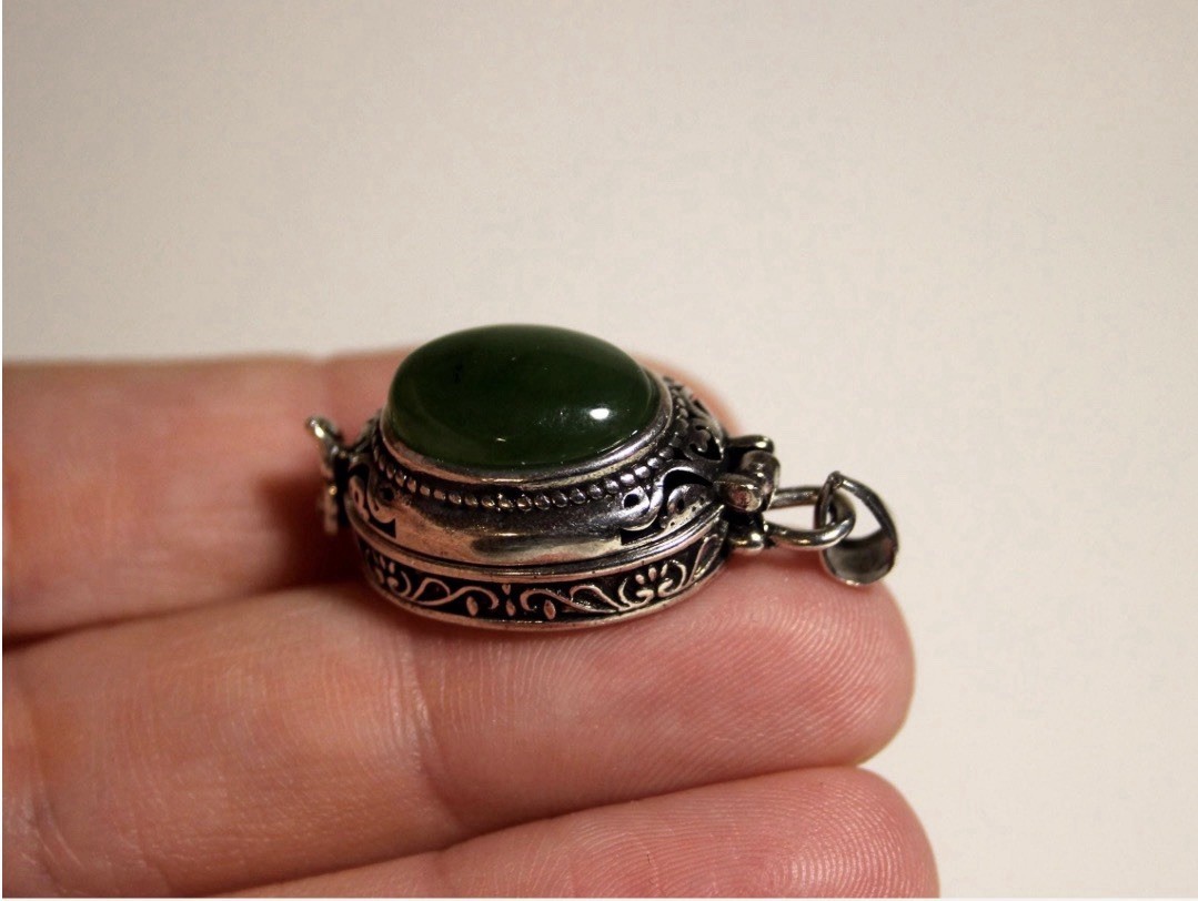 Green Jade Locket Pendant, Sterling Silver Plated Poison Pendant