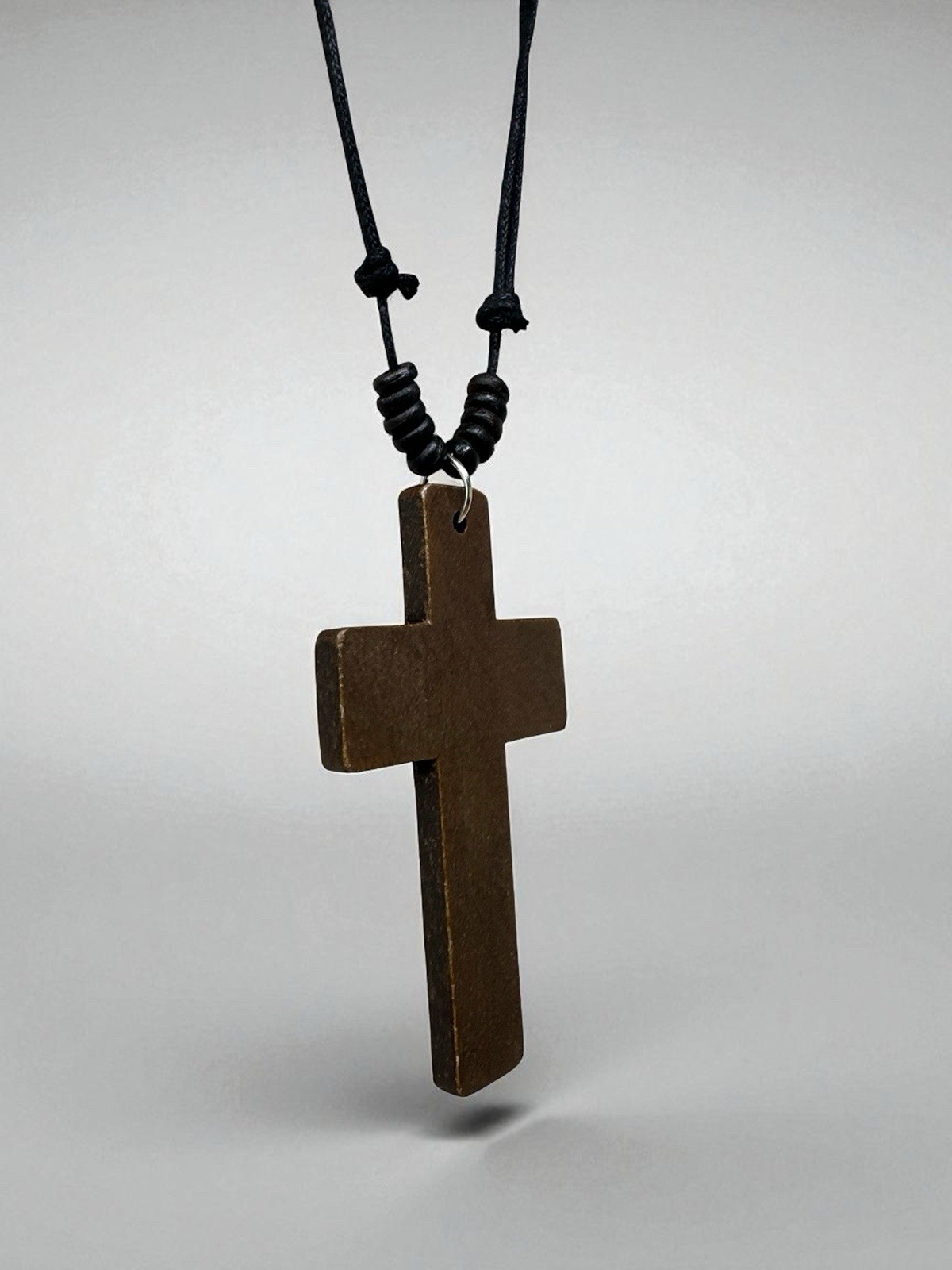 Wooden Cross Necklace 3in Brown Pendant Adjustable 16‑30in Sliding Knots Unisex