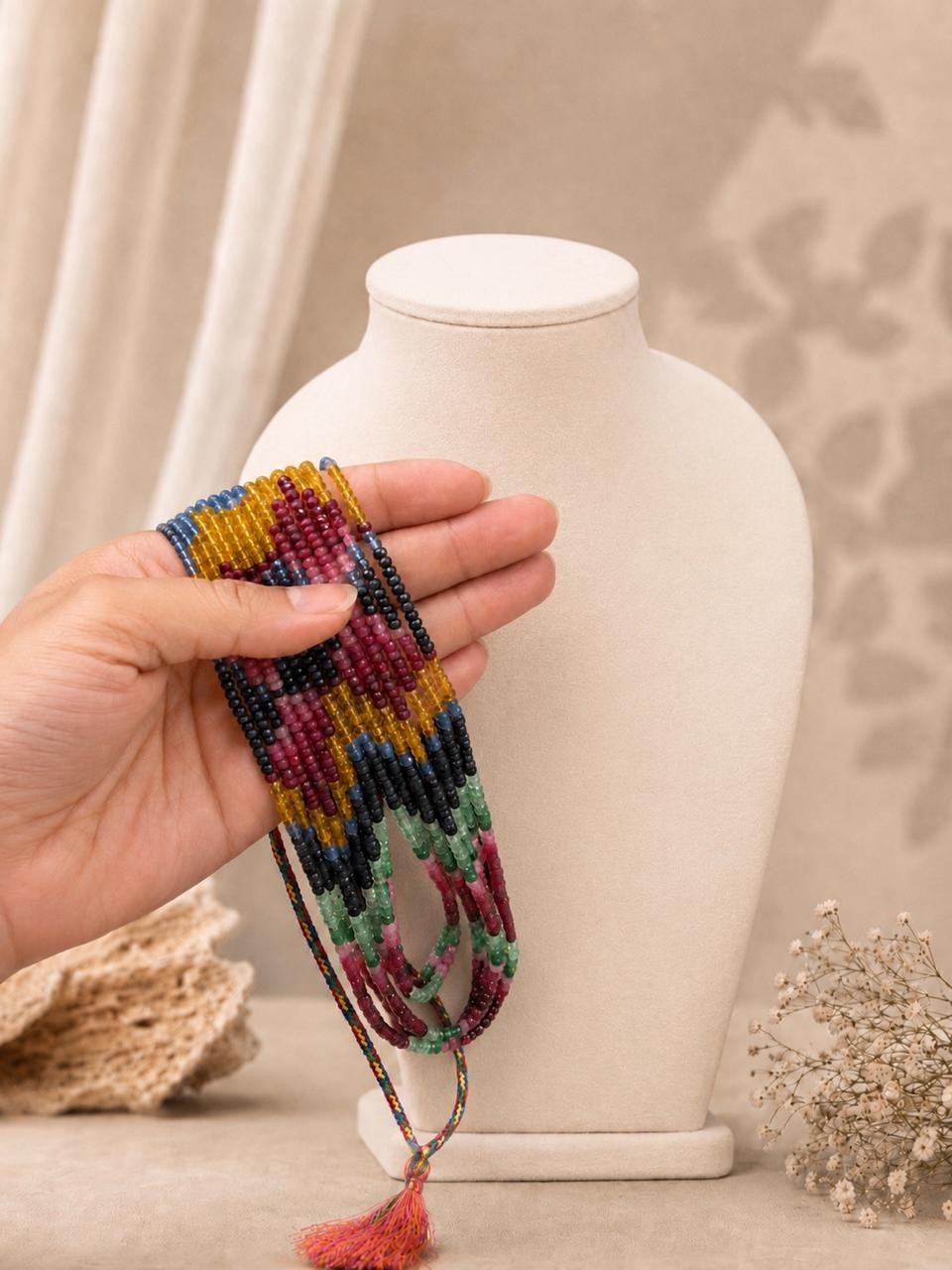 Natural Multi Color Tourmaline Rondelle Gemstone Silk Knotted Layered Necklace S