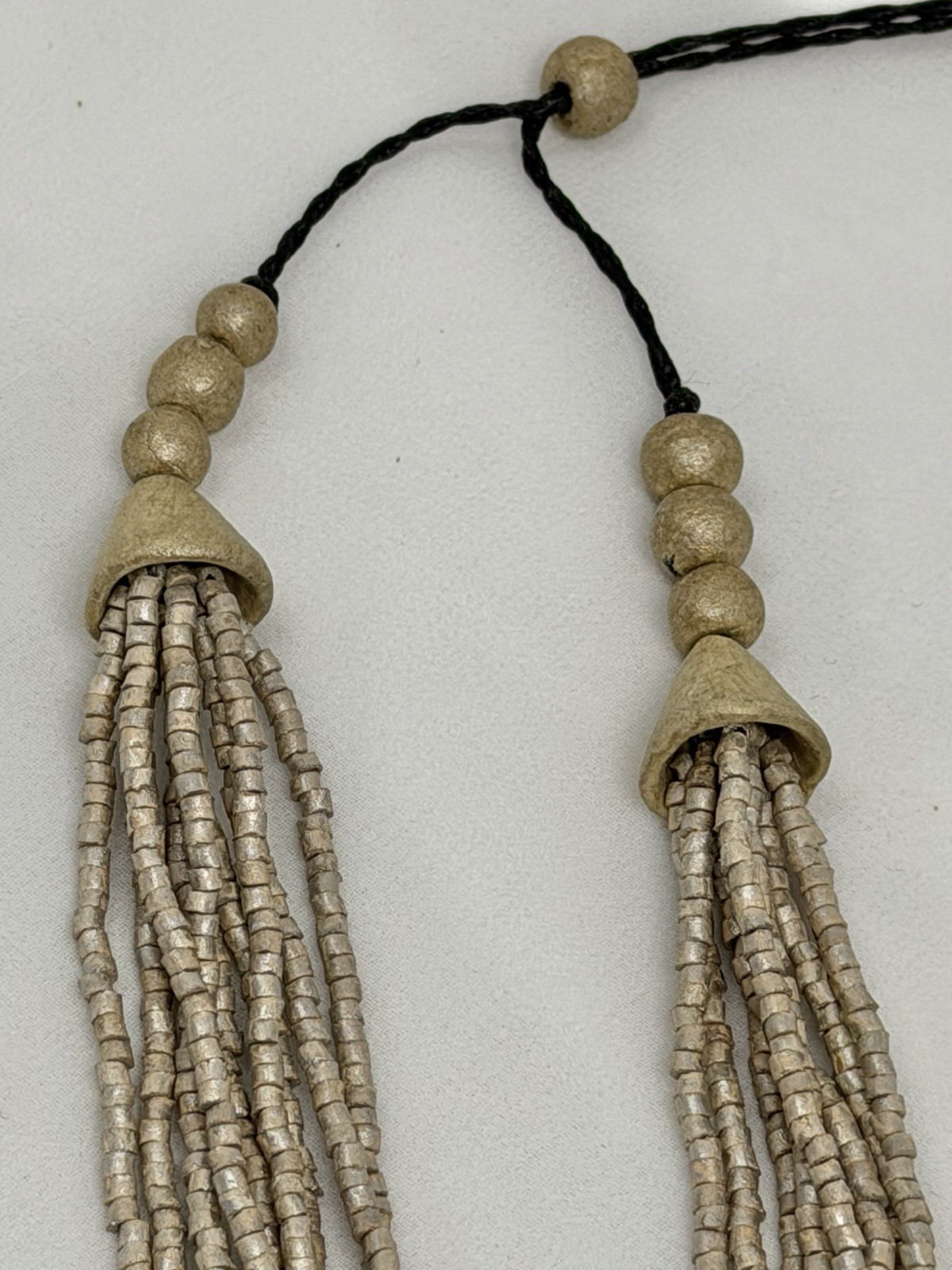 Silver & Black Multi-Strand Beaded Bohemian Necklace, Adjustable Cord 18 in