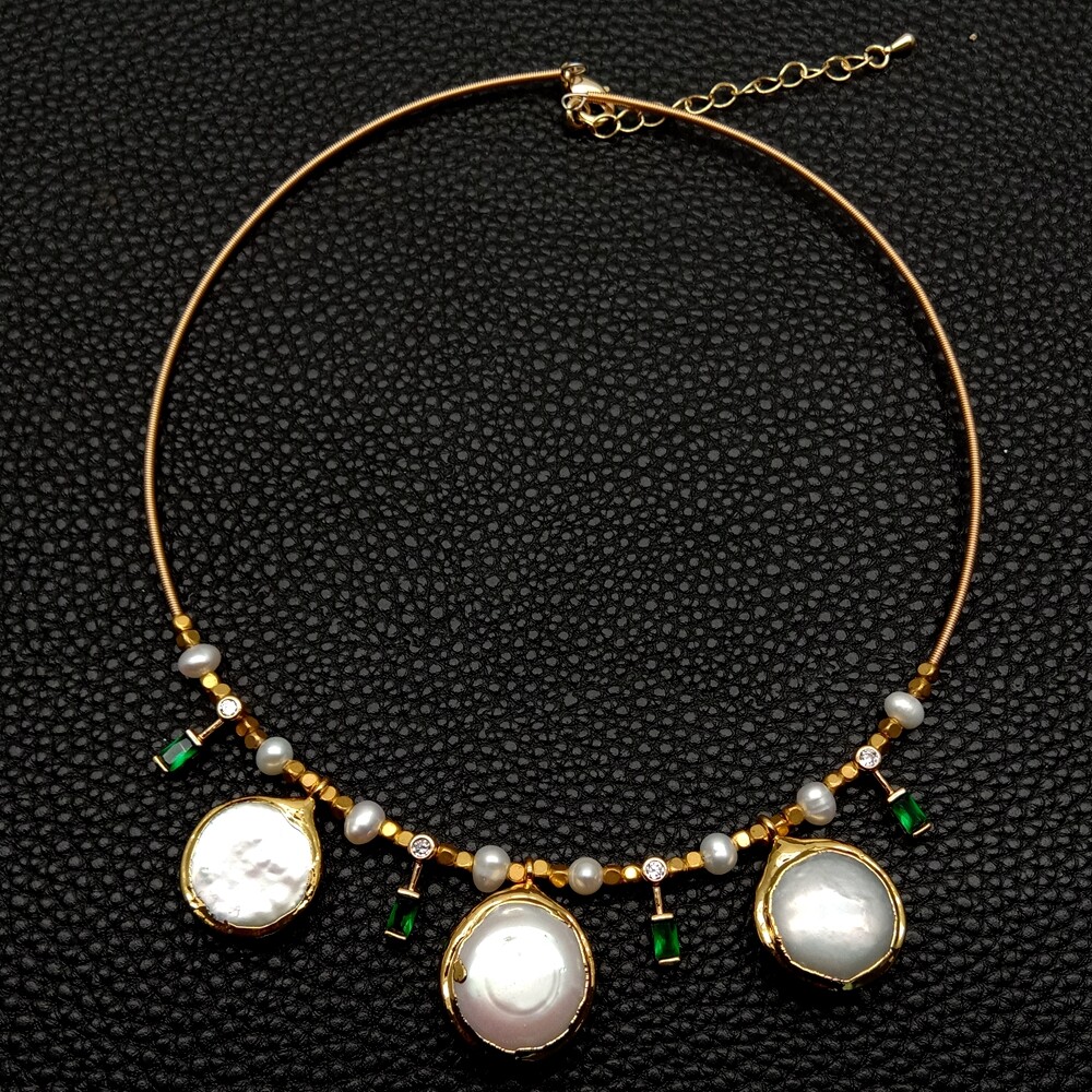 Cultured White Coin Pearl Potato Pearl Cz Pave Choker Charm Necklace 15″
