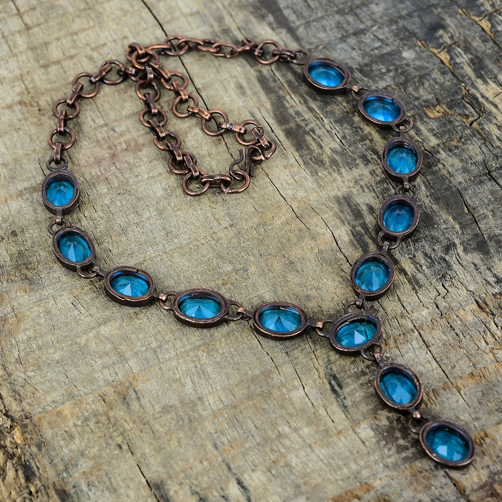 Swiss Blue Topaz Gemstone Copper Chain Bezel Electroformed Mother Boho Necklace