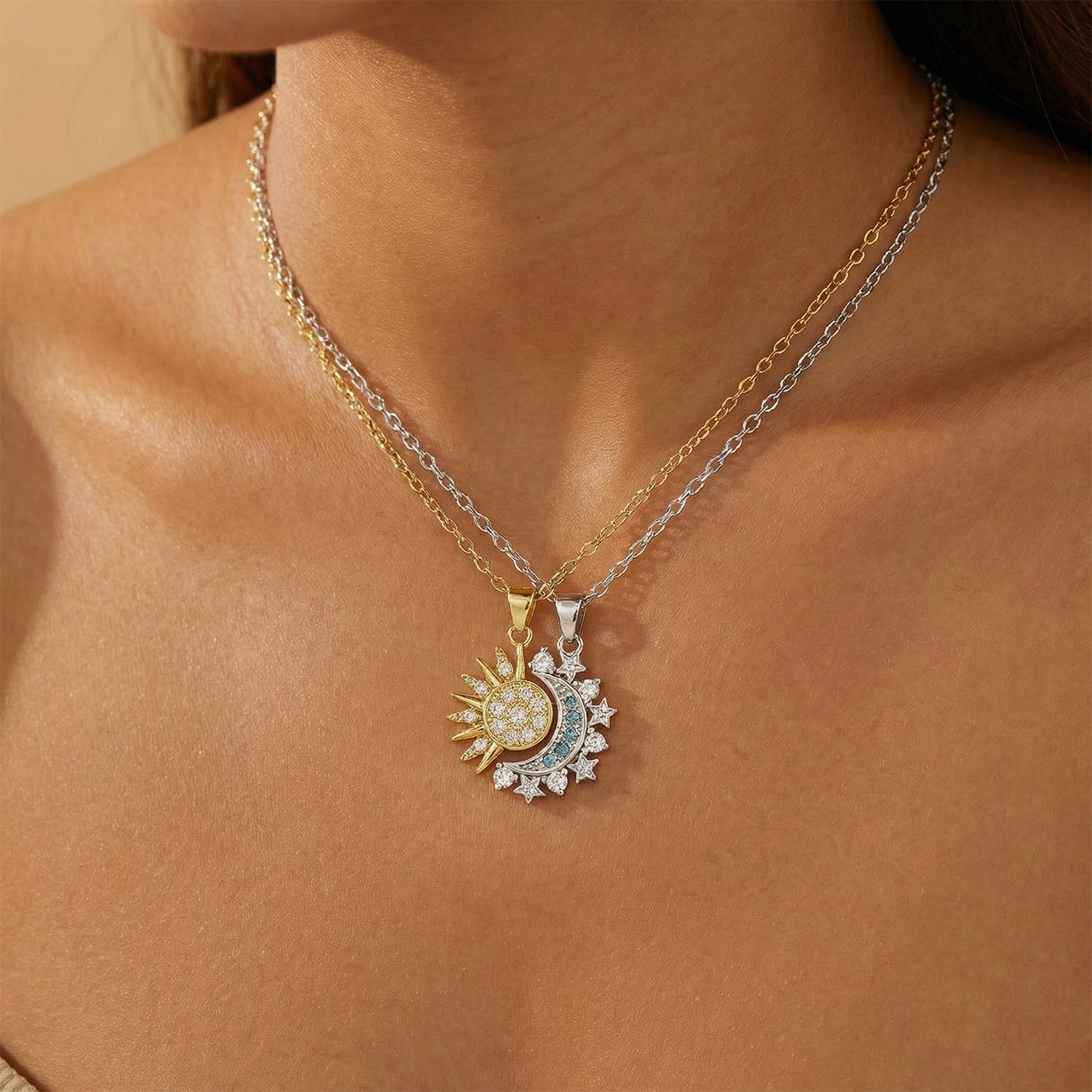 Blue Gemstone Sun & Moon Matching Necklace Set Magnetic & Adjustable Stainless