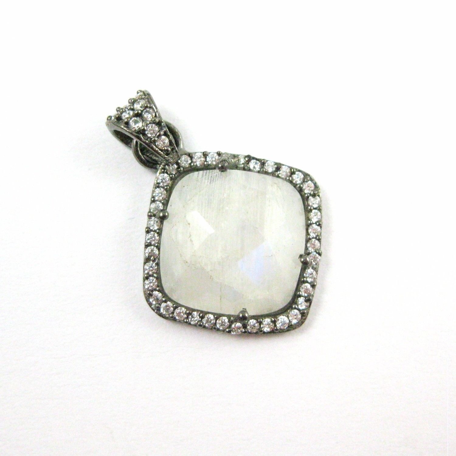 Oxidized Silver Moonstone Bezel Gem Pendant,Cubic Zirconia Pave 17mm